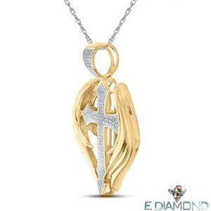 10K Solid Gold  0.50 Carat Natural Diamond 3D Angel Cross Pendant